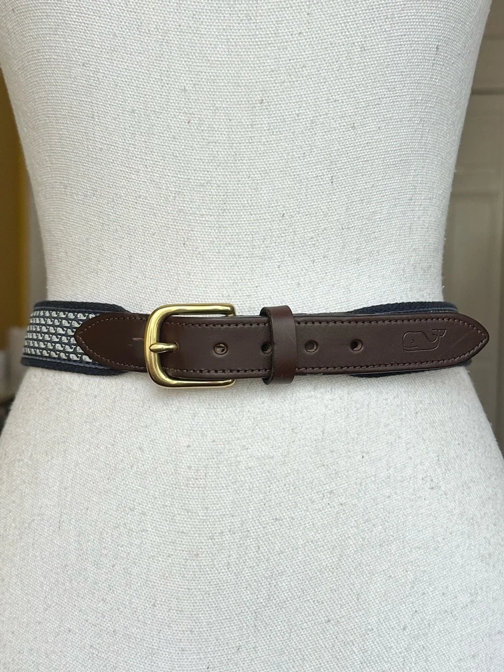 Vineyard Vines Navy Whale-Print Webbing Belt with Brown Leather Trim Size 30